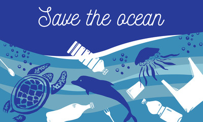 Save the ocean concept. Sea animals swiming with waste