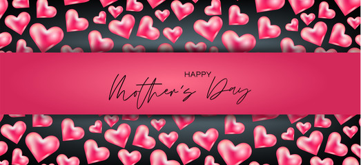 Mothers Day banner, website or newsletter header. Pink hearts on black background with lettering. Vector illustration.