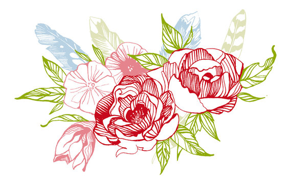 Bohemian style flowers. Roses and peony for wedding invitation design. Vector illustration.