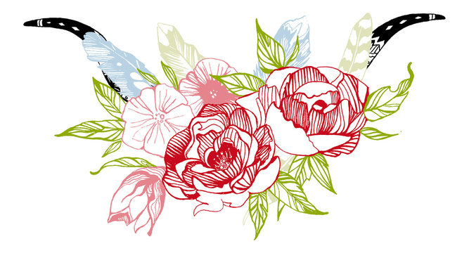 Bohemian style flowers. Roses and peony for wedding invitation design. Vector illustration.