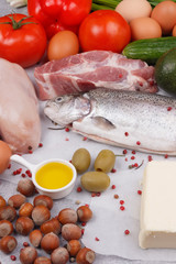 Keto diet. Products: fish, meat, vegetables, oils and nuts.