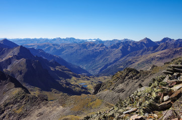 Panorama of the Pyrenees mountains in Andorra, from top of Coma Pedrosa peak.