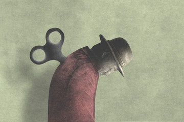 Illustration Of Tired Man With A Wind Up Key - obrazy, fototapety, plakaty