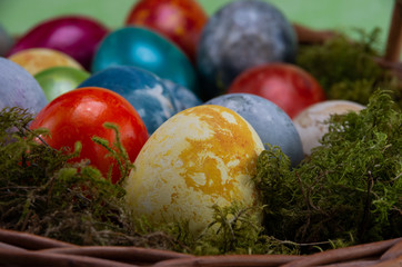 Easter, colored painted eggs in a wicker basket with moss