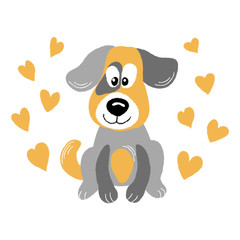 vector dog gray cute baby puppy pet with hearts background card  illustration for textile childish posters