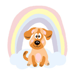 vector dog red cute baby puppy pet with rainboe cloud background card  illustration for textile childish posters