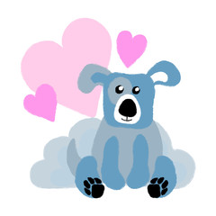 vector dog gray blue cute baby puppy pet with pink hearts background card  illustration for textile childish posters