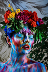 Portrait of a girl whose face is painted with colored paints in a wreath of flowers. In Frida Kahlo's footsteps