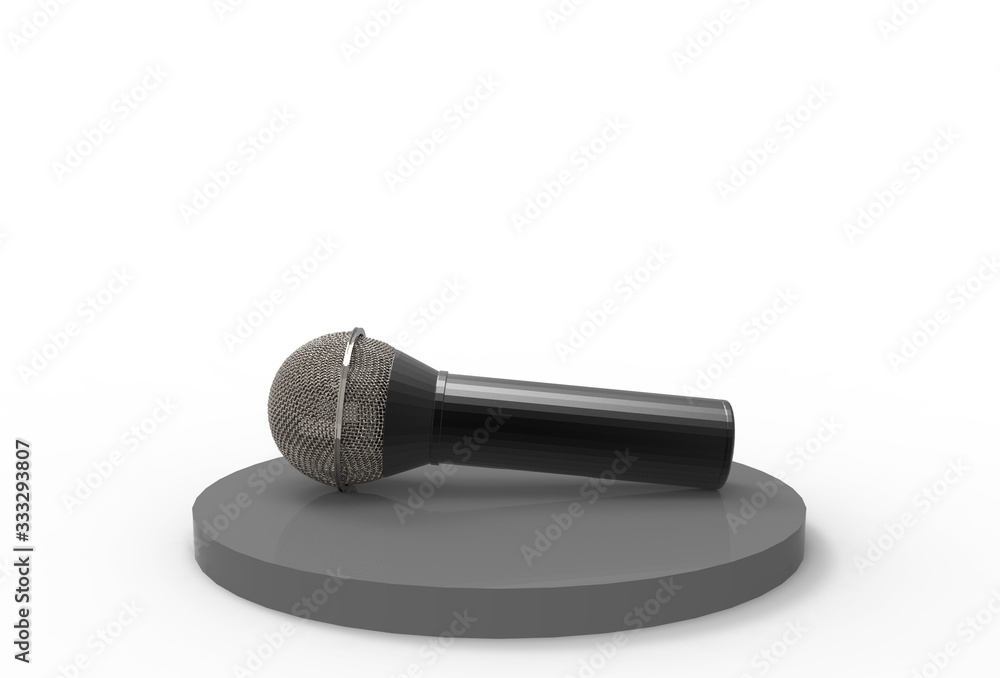Poster 3d rendering. a microphone on black podium with copy space gray as background.