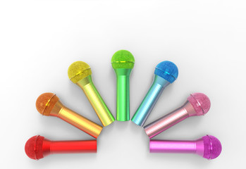 3d rendering. Lgbtq+ rainbow color microphone row on gray background.