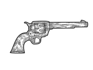 Colt revolver, cowboy gun. Apparel print design. Scratch board imitation. Black and white hand drawn image.