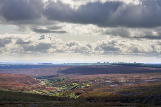 Distant Moorland That Has Patches Of Burned Heather As Part Of The Land Management For Rearing Grouse.