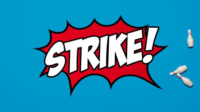 Stop motion animation of a bowling ball striking bowling pins for a strike on a blue background.  The word STRIKE comes up at the end with pop art style lettering and bubble.