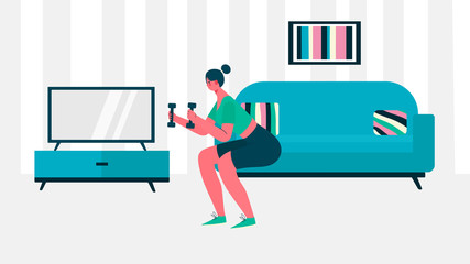 Woman in sportswear doing exercise squat with dumbbells at home. Woman doing workout indoor. Woman activities. Sport Healthy lifestyle, Fitness , Wellness Concept. Cartoon flat vector illustration.