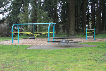 Fototapeta na wymiar In an evolving response to the COVID-19 outbreak, Vancouver Parks and Recreation is closing all active recreation areas in city parks, including playgrounds and picnic shelters, empty parks