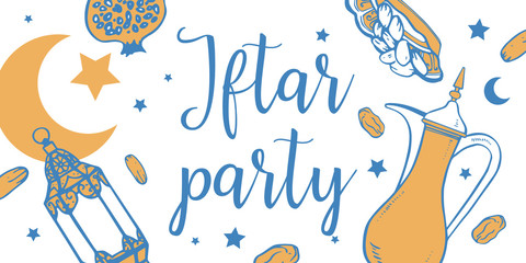 Fototapeta premium Iftar party horizontal banner. Traditional Ramadan objects and food