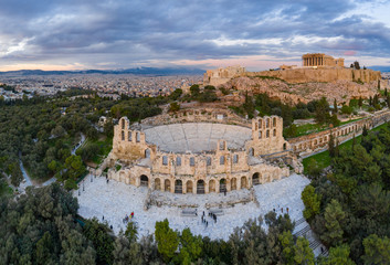 Aerial view of Acropolis of Athens, the Temple of Athena Nike, Parthenon, Hekatompedon Temple, Sanctuary of Zeus Polieus, Odeon of Herodes Atticus, Erechtheion at sunset