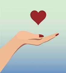 Caucasian woman manicured hand with heart floating above it expressing and giving love and charity