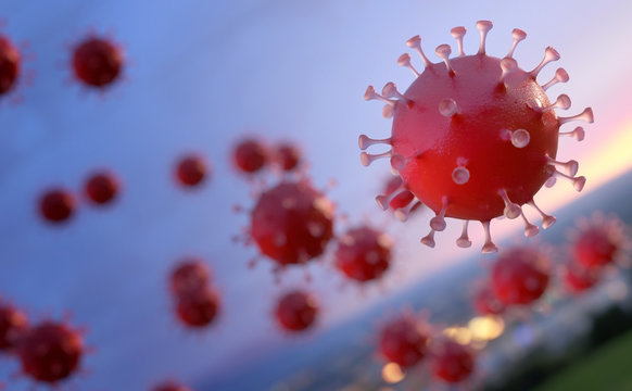 A group of coronavirus covid-19 viruses molecules bacterias in the air approach a settlement. 3D render.