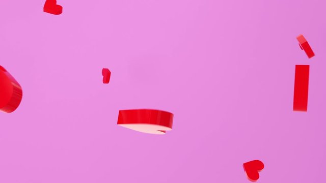 Hearts falling down on pink background.3d animation. Valentine day background.