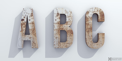 Old rusty metal. Letters A, B, C. Alphabet retro 3d render. Isolated in white background. (removes the background in one click.) © wesleyyaya