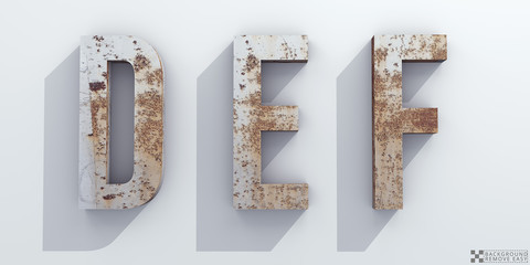 Old rusty metal. Letters D, E, F. Alphabet retro 3d render. Isolated in white background. (removes the background in one click.)