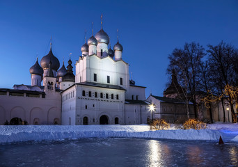 Kremlin in Rostov the Great on a winter night, Yaroslavl region, Russia