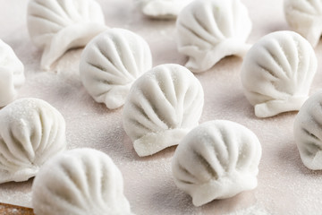 Dumplings background. Cooking dumplings in the kitchen. Top view
