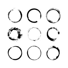 Collection of textured frames isolated on white background. Set of black templates with splashes and spray in form round.