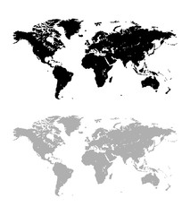 Vector illustrations of maps of the world. Black and white templates isolated on a white background. Silhouettes of global continents and oceans for business projects and modern infographics.