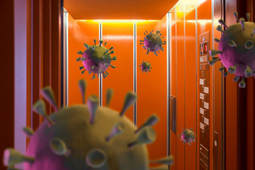 Covid-19 or Coronavirus in the elevator. Social distance concept to avoid corona infection in public places.