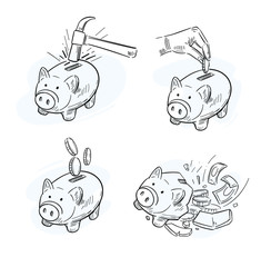 Obraz premium Piggy bank icons. Broken piggy bank. Vector illustration in lineart style.
