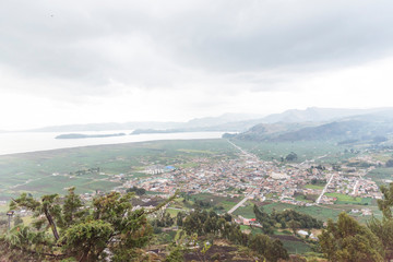 Fototapeta na wymiar Panoramic view of Aquitania, Boyaca, Colombia, and the fields that surround it