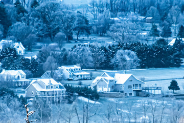 winter landscape with houses and trees and snow