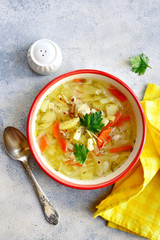 Shchi - traditional russian cabbage soup. Top view with copy space.