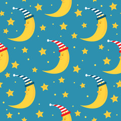 Seamless pattern with sleeping moon and stars.