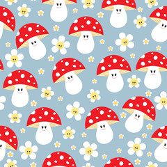 Seamless pattern with mushrooms and flowers.