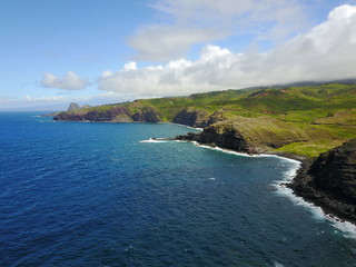 Hawaii Coastline with green grass on Ocean blue