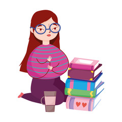 young woman on the knees with books and coffee cup, book day