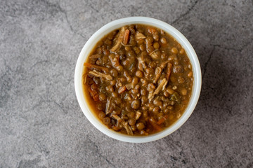 Lentil soup with chicken, Mediterranean soup with thick stew like broth. 