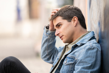 Worried, stress, man with, smartphone, blurred background