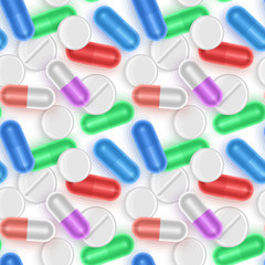 Seamless, endless pattern with Capsule and tablet pills, colorful background vector illustration