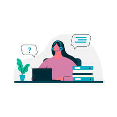 Home office concept, woman working from home, student or freelancer with laptop. Chatting, home workplace, job online, internet. Freelance or studying concept. Illustration in cartoon flat style.