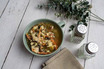 Fresh green sorrel soup, Russian special egg drop soup with vegetables, healthy soup