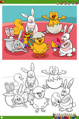 Easter holiday characters coloring book page
