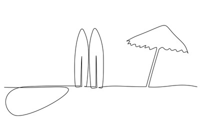 Long surfboard standing up in sand of beach