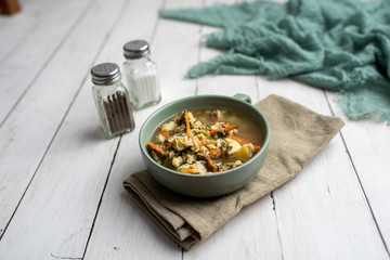 Fresh green sorrel soup, Russian special egg drop soup with vegetables, healthy soup