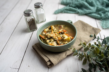 Fresh green sorrel soup, Russian special egg drop soup with vegetables, healthy soup
