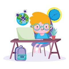 education online, little boy studying with computer, sick world coronavirus pandemic