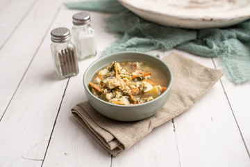 Fresh green sorrel soup, Russian special egg drop soup with vegetables, healthy soup